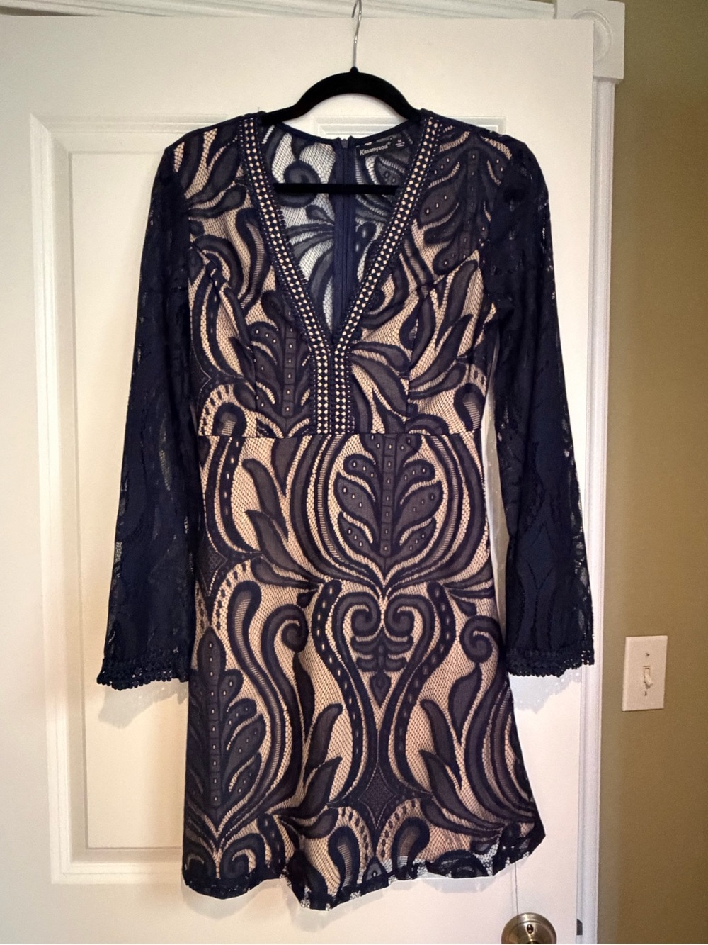 Navy Lace Overlay V-Neck Women's Dress